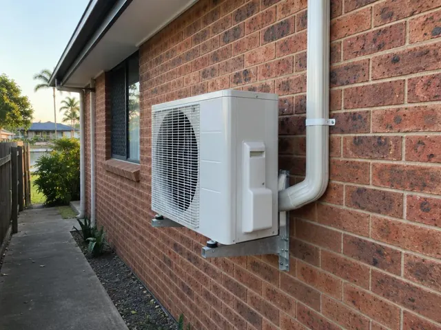 Wall-mounted outdoor air conditioner on a brick house beside a side path in Biggera Waters